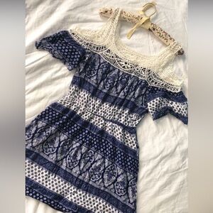 Blue and white boho lace dress with cut out arms